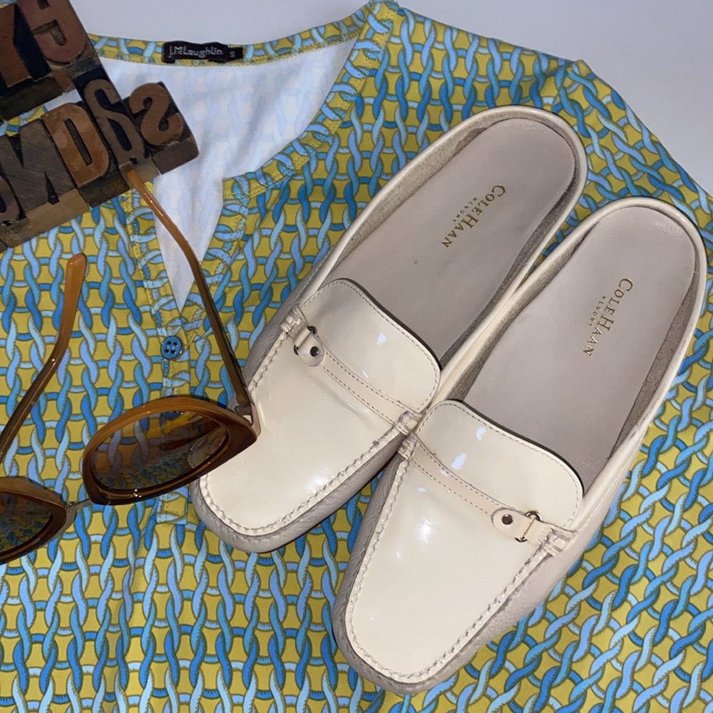 COLE HAAN Resort Woman’s Cream Patent & Leather Mule Loafers